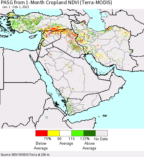 Middle East and Turkey PASG from 1-Month Cropland NDVI (Terra-MODIS) Thematic Map For 1/25/2022 - 2/1/2022