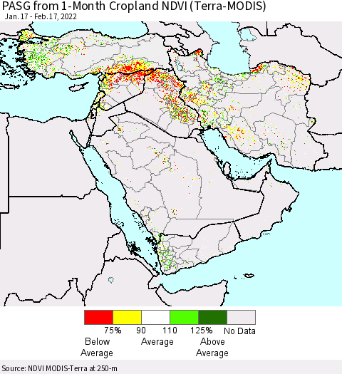 Middle East and Turkey PASG from 1-Month Cropland NDVI (Terra-MODIS) Thematic Map For 2/10/2022 - 2/17/2022