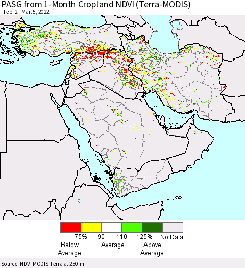 Middle East and Turkey PASG from 1-Month Cropland NDVI (Terra-MODIS) Thematic Map For 2/26/2022 - 3/5/2022