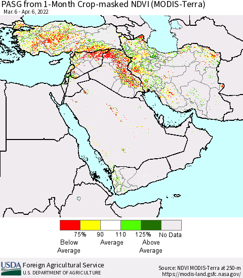 Middle East and Turkey PASG from 1-Month Cropland NDVI (Terra-MODIS) Thematic Map For 4/1/2022 - 4/10/2022
