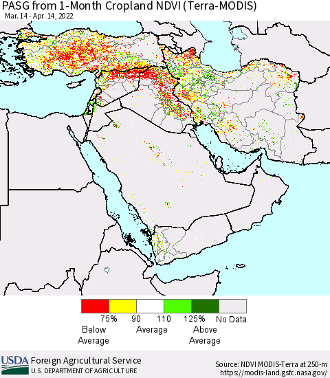 Middle East and Turkey PASG from 1-Month Cropland NDVI (Terra-MODIS) Thematic Map For 4/11/2022 - 4/20/2022