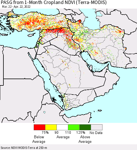 Middle East and Turkey PASG from 1-Month Cropland NDVI (Terra-MODIS) Thematic Map For 4/15/2022 - 4/22/2022
