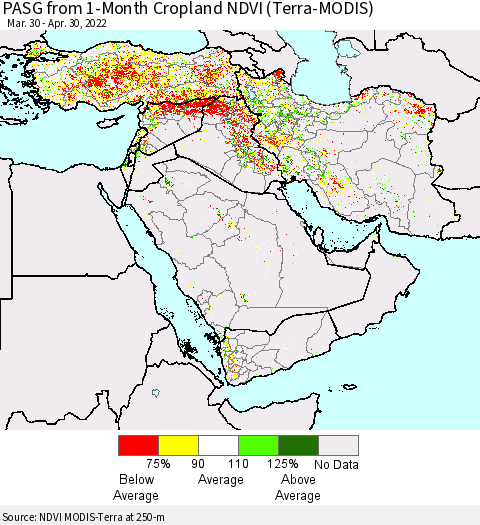 Middle East and Turkey PASG from 1-Month Cropland NDVI (Terra-MODIS) Thematic Map For 4/23/2022 - 4/30/2022
