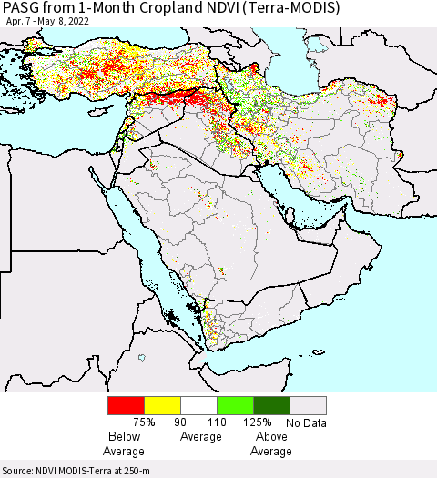 Middle East and Turkey PASG from 1-Month Cropland NDVI (Terra-MODIS) Thematic Map For 5/1/2022 - 5/8/2022