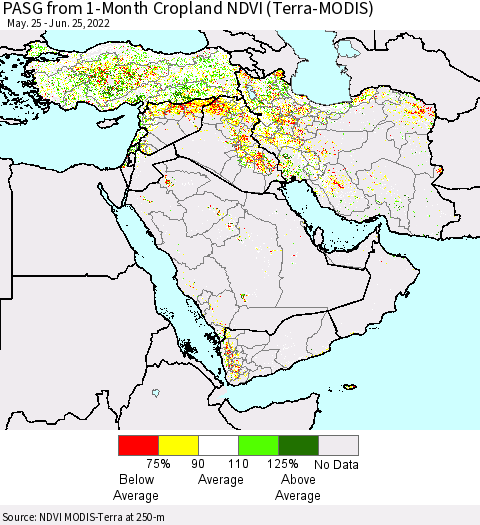 Middle East and Turkey PASG from 1-Month Cropland NDVI (Terra-MODIS) Thematic Map For 6/18/2022 - 6/25/2022