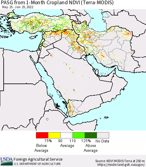 Middle East and Turkey PASG from 1-Month Cropland NDVI (Terra-MODIS) Thematic Map For 6/21/2022 - 6/30/2022