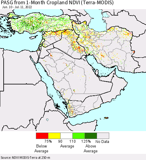 Middle East and Turkey PASG from 1-Month Cropland NDVI (Terra-MODIS) Thematic Map For 7/4/2022 - 7/11/2022