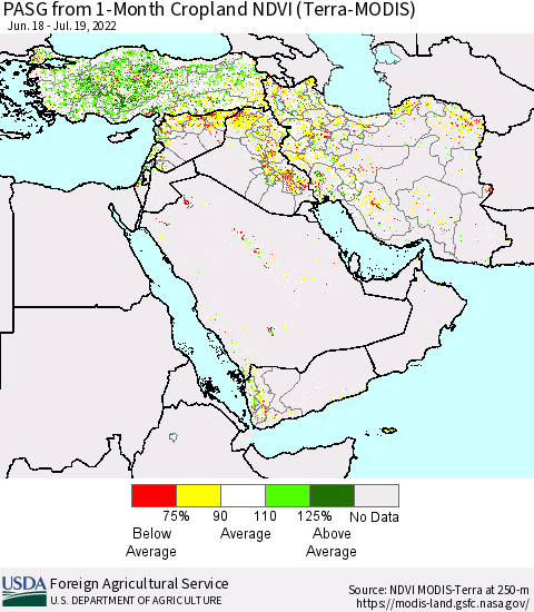 Middle East and Turkey PASG from 1-Month Cropland NDVI (Terra-MODIS) Thematic Map For 7/11/2022 - 7/20/2022