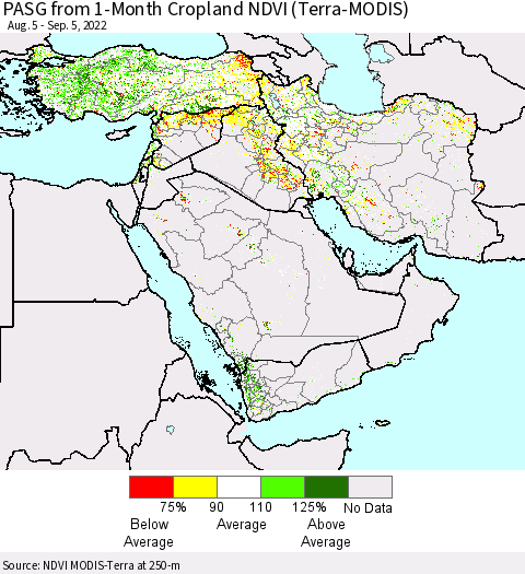 Middle East and Turkey PASG from 1-Month Cropland NDVI (Terra-MODIS) Thematic Map For 8/29/2022 - 9/5/2022