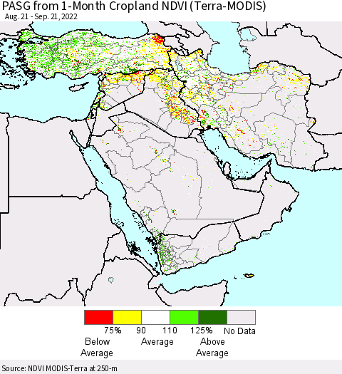 Middle East and Turkey PASG from 1-Month Cropland NDVI (Terra-MODIS) Thematic Map For 9/14/2022 - 9/21/2022