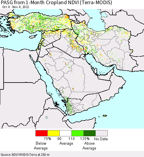 Middle East and Turkey PASG from 1-Month Cropland NDVI (Terra-MODIS) Thematic Map For 11/1/2022 - 11/8/2022