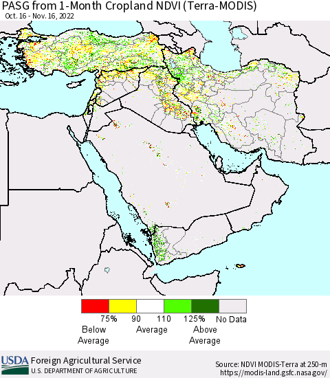 Middle East and Turkey PASG from 1-Month Cropland NDVI (Terra-MODIS) Thematic Map For 11/11/2022 - 11/20/2022