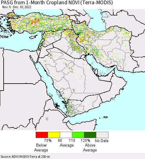Middle East and Turkey PASG from 1-Month Cropland NDVI (Terra-MODIS) Thematic Map For 12/1/2022 - 12/10/2022