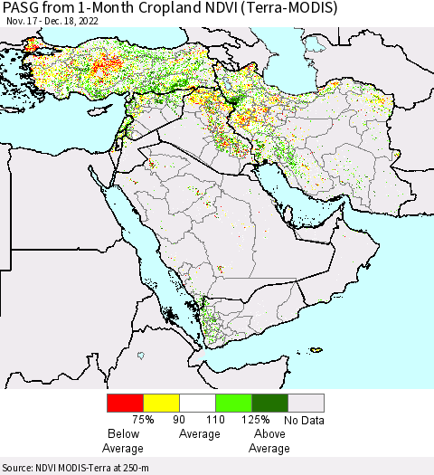 Middle East and Turkey PASG from 1-Month Cropland NDVI (Terra-MODIS) Thematic Map For 12/11/2022 - 12/18/2022