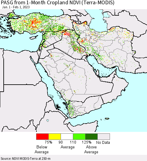 Middle East and Turkey PASG from 1-Month Cropland NDVI (Terra-MODIS) Thematic Map For 1/25/2023 - 2/1/2023