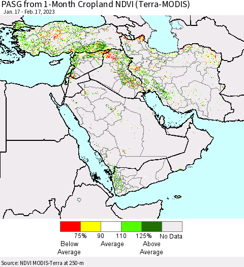 Middle East and Turkey PASG from 1-Month Cropland NDVI (Terra-MODIS) Thematic Map For 2/10/2023 - 2/17/2023