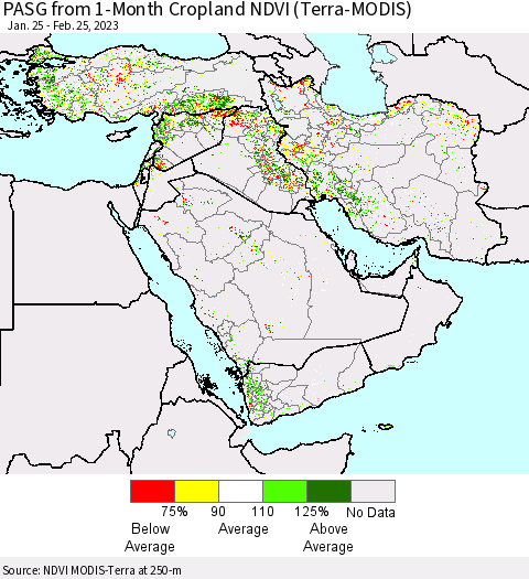 Middle East and Turkey PASG from 1-Month Cropland NDVI (Terra-MODIS) Thematic Map For 2/18/2023 - 2/25/2023