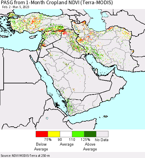 Middle East and Turkey PASG from 1-Month Cropland NDVI (Terra-MODIS) Thematic Map For 2/26/2023 - 3/5/2023