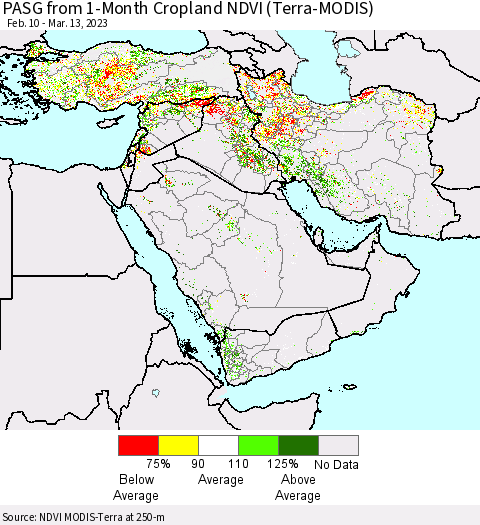 Middle East and Turkey PASG from 1-Month Cropland NDVI (Terra-MODIS) Thematic Map For 3/6/2023 - 3/13/2023