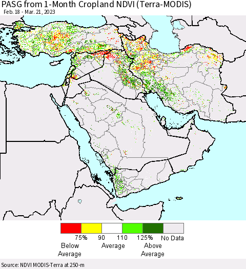 Middle East and Turkey PASG from 1-Month Cropland NDVI (Terra-MODIS) Thematic Map For 3/14/2023 - 3/21/2023