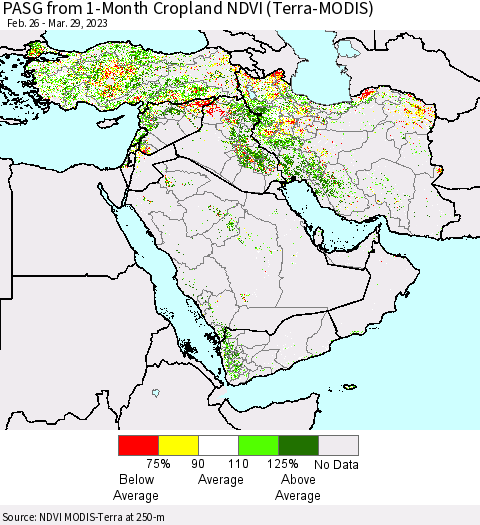 Middle East and Turkey PASG from 1-Month Cropland NDVI (Terra-MODIS) Thematic Map For 3/22/2023 - 3/29/2023