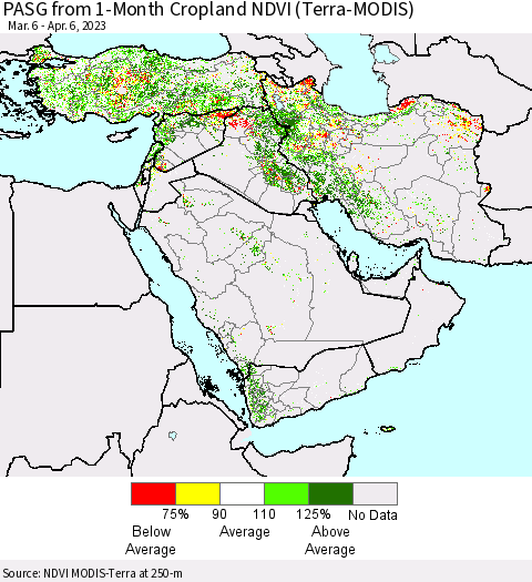 Middle East and Turkey PASG from 1-Month Cropland NDVI (Terra-MODIS) Thematic Map For 3/30/2023 - 4/6/2023