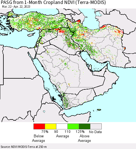 Middle East and Turkey PASG from 1-Month Cropland NDVI (Terra-MODIS) Thematic Map For 4/15/2023 - 4/22/2023