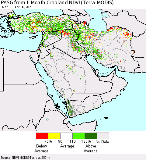 Middle East and Turkey PASG from 1-Month Cropland NDVI (Terra-MODIS) Thematic Map For 4/23/2023 - 4/30/2023