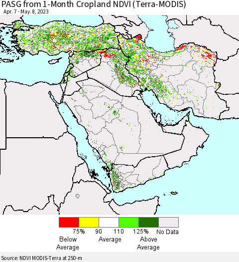 Middle East and Turkey PASG from 1-Month Cropland NDVI (Terra-MODIS) Thematic Map For 5/1/2023 - 5/8/2023