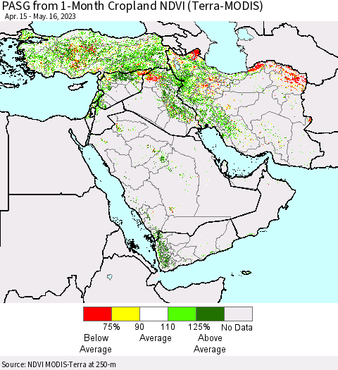 Middle East and Turkey PASG from 1-Month Cropland NDVI (Terra-MODIS) Thematic Map For 5/9/2023 - 5/16/2023