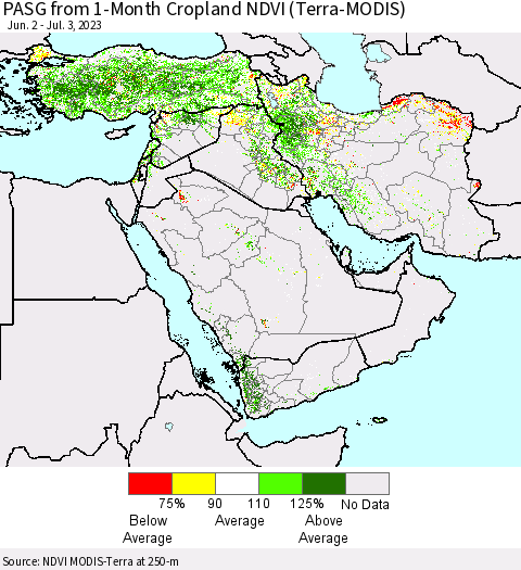 Middle East and Turkey PASG from 1-Month Cropland NDVI (Terra-MODIS) Thematic Map For 6/26/2023 - 7/3/2023