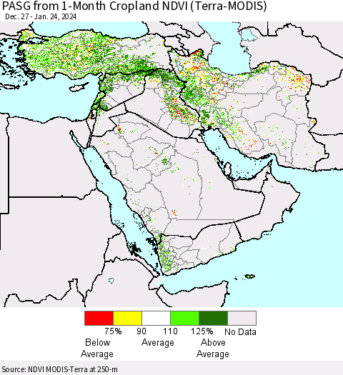 Middle East and Turkey PASG from 1-Month Cropland NDVI (Terra-MODIS) Thematic Map For 1/17/2024 - 1/24/2024