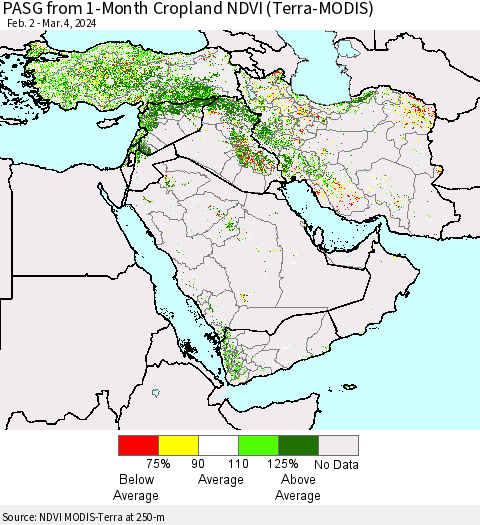 Middle East and Turkey PASG from 1-Month Cropland NDVI (Terra-MODIS) Thematic Map For 2/26/2024 - 3/4/2024
