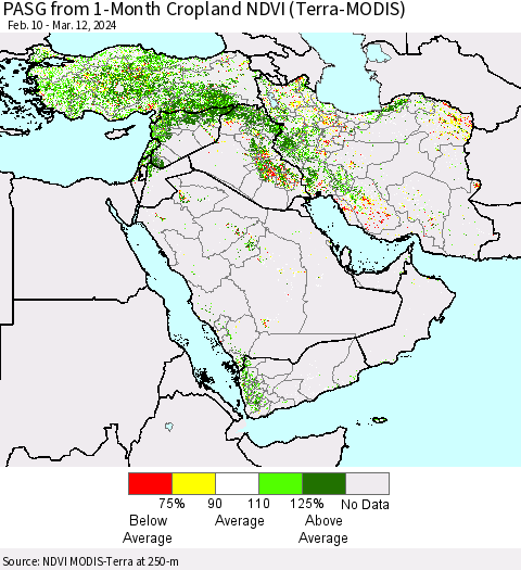 Middle East and Turkey PASG from 1-Month Cropland NDVI (Terra-MODIS) Thematic Map For 3/5/2024 - 3/12/2024