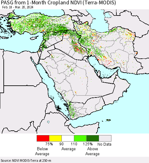 Middle East and Turkey PASG from 1-Month Cropland NDVI (Terra-MODIS) Thematic Map For 3/13/2024 - 3/20/2024