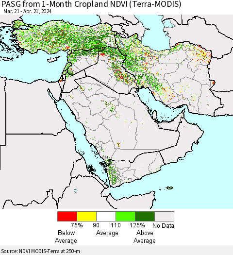 Middle East and Turkey PASG from 1-Month Cropland NDVI (Terra-MODIS) Thematic Map For 4/14/2024 - 4/21/2024