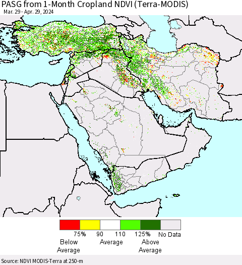 Middle East and Turkey PASG from 1-Month Cropland NDVI (Terra-MODIS) Thematic Map For 4/22/2024 - 4/29/2024