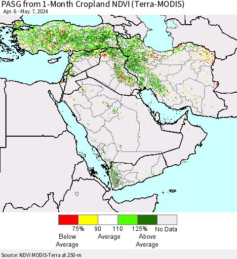 Middle East and Turkey PASG from 1-Month Cropland NDVI (Terra-MODIS) Thematic Map For 4/30/2024 - 5/7/2024