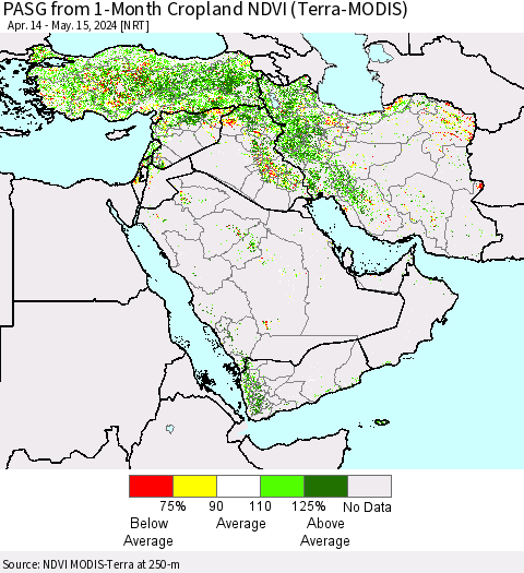 Middle East and Turkey PASG from 1-Month Cropland NDVI (Terra-MODIS) Thematic Map For 5/8/2024 - 5/15/2024