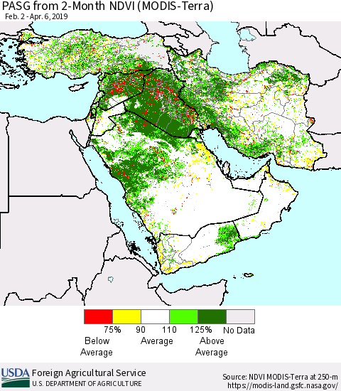 Middle East and Turkey PASG from 2-Month NDVI (Terra-MODIS) Thematic Map For 4/1/2019 - 4/10/2019