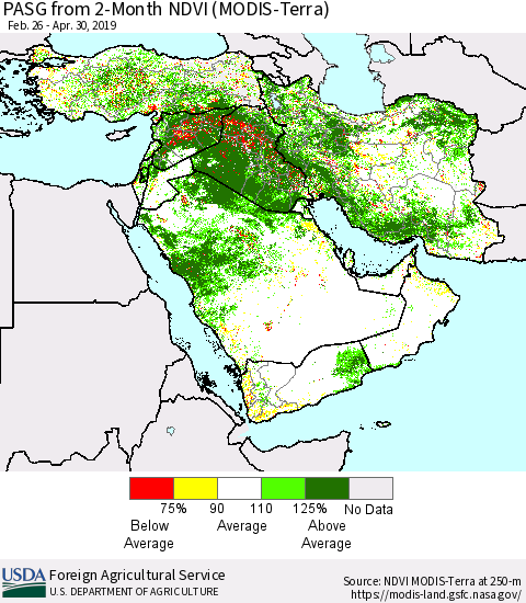 Middle East and Turkey PASG from 2-Month NDVI (Terra-MODIS) Thematic Map For 4/21/2019 - 4/30/2019