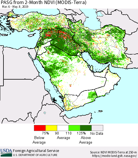 Middle East and Turkey PASG from 2-Month NDVI (Terra-MODIS) Thematic Map For 5/1/2019 - 5/10/2019