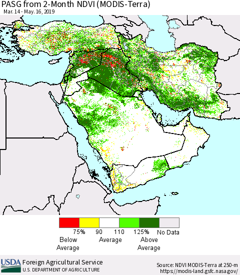 Middle East and Turkey PASG from 2-Month NDVI (Terra-MODIS) Thematic Map For 5/11/2019 - 5/20/2019