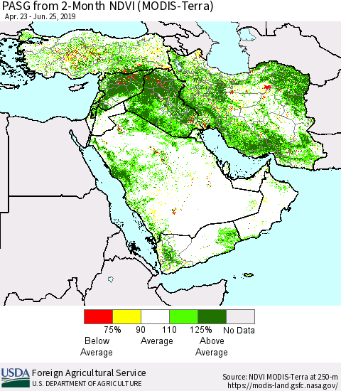 Middle East and Turkey PASG from 2-Month NDVI (Terra-MODIS) Thematic Map For 6/21/2019 - 6/30/2019