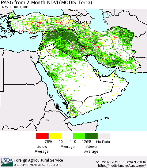 Middle East and Turkey PASG from 2-Month NDVI (Terra-MODIS) Thematic Map For 7/1/2019 - 7/10/2019