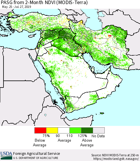 Middle East and Turkey PASG from 2-Month NDVI (Terra-MODIS) Thematic Map For 7/21/2019 - 7/31/2019