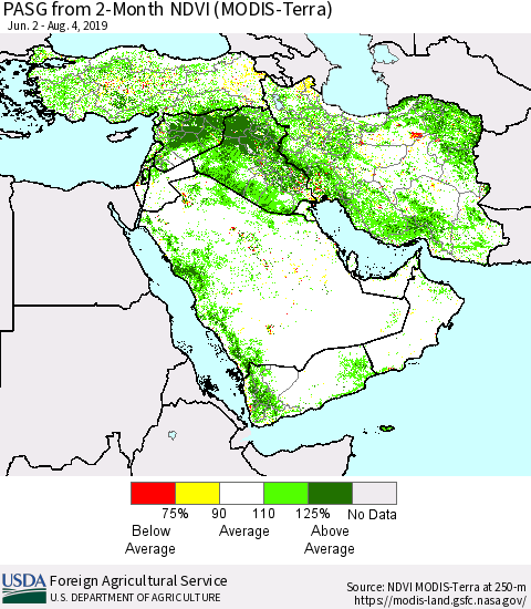 Middle East and Turkey PASG from 2-Month NDVI (Terra-MODIS) Thematic Map For 8/1/2019 - 8/10/2019