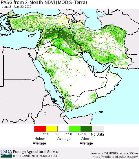 Middle East and Turkey PASG from 2-Month NDVI (Terra-MODIS) Thematic Map For 8/11/2019 - 8/20/2019