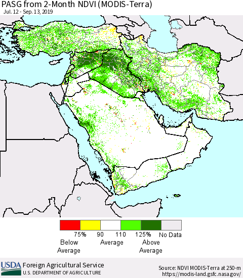 Middle East and Turkey PASG from 2-Month NDVI (Terra-MODIS) Thematic Map For 9/11/2019 - 9/20/2019