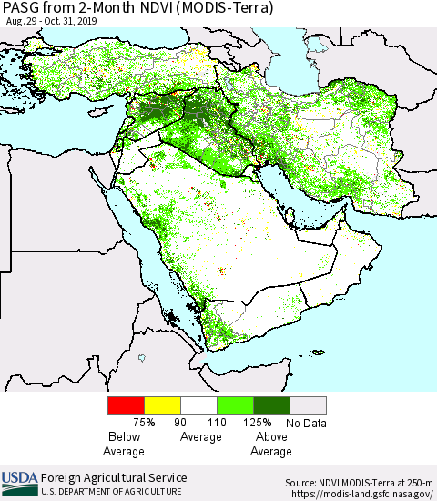 Middle East and Turkey PASG from 2-Month NDVI (Terra-MODIS) Thematic Map For 10/21/2019 - 10/31/2019